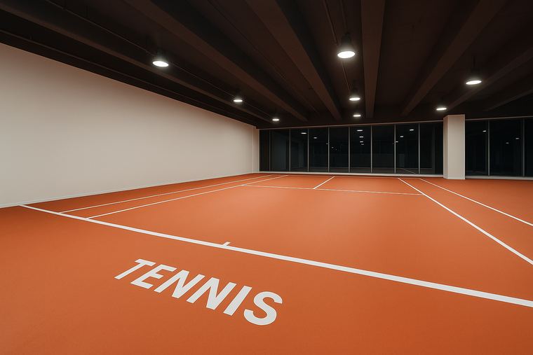 Indoor tennis center in warm brown tones
