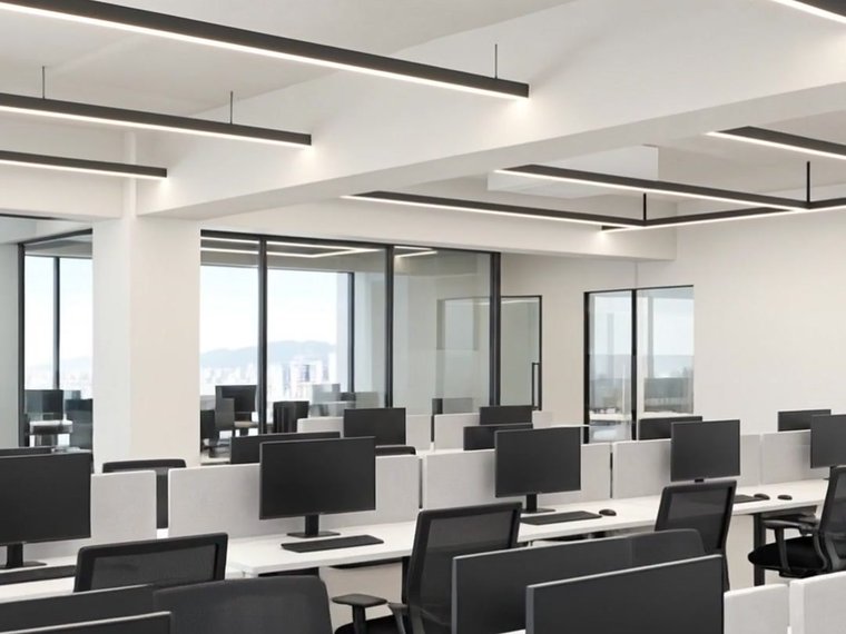 Entertainment agency office in white with black linear lights